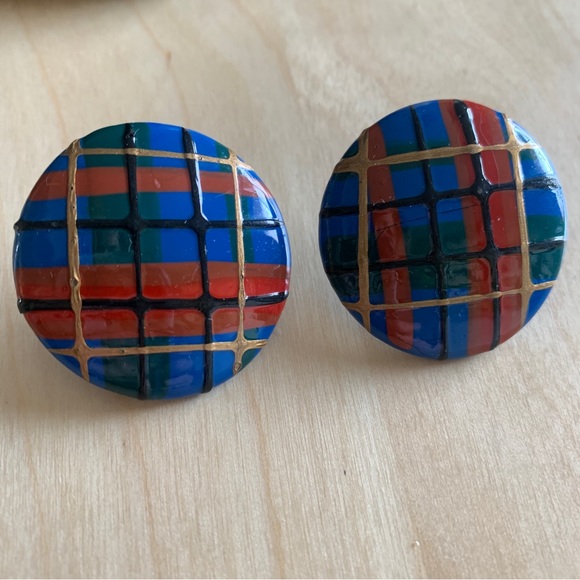 VINTAGE TARTAN PLAID EARRINGS BLUE RED YELLOW AND BLACK PATTERN - Picture 2 of 5